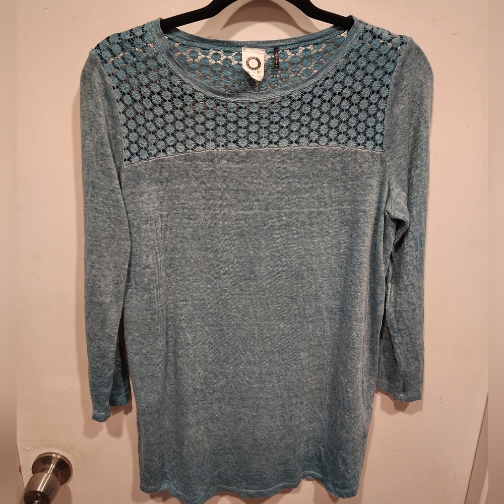 Akemi + Kin Anthropologie Amis Teal Crochet Yoke Linen Top Sz S Summer Beach